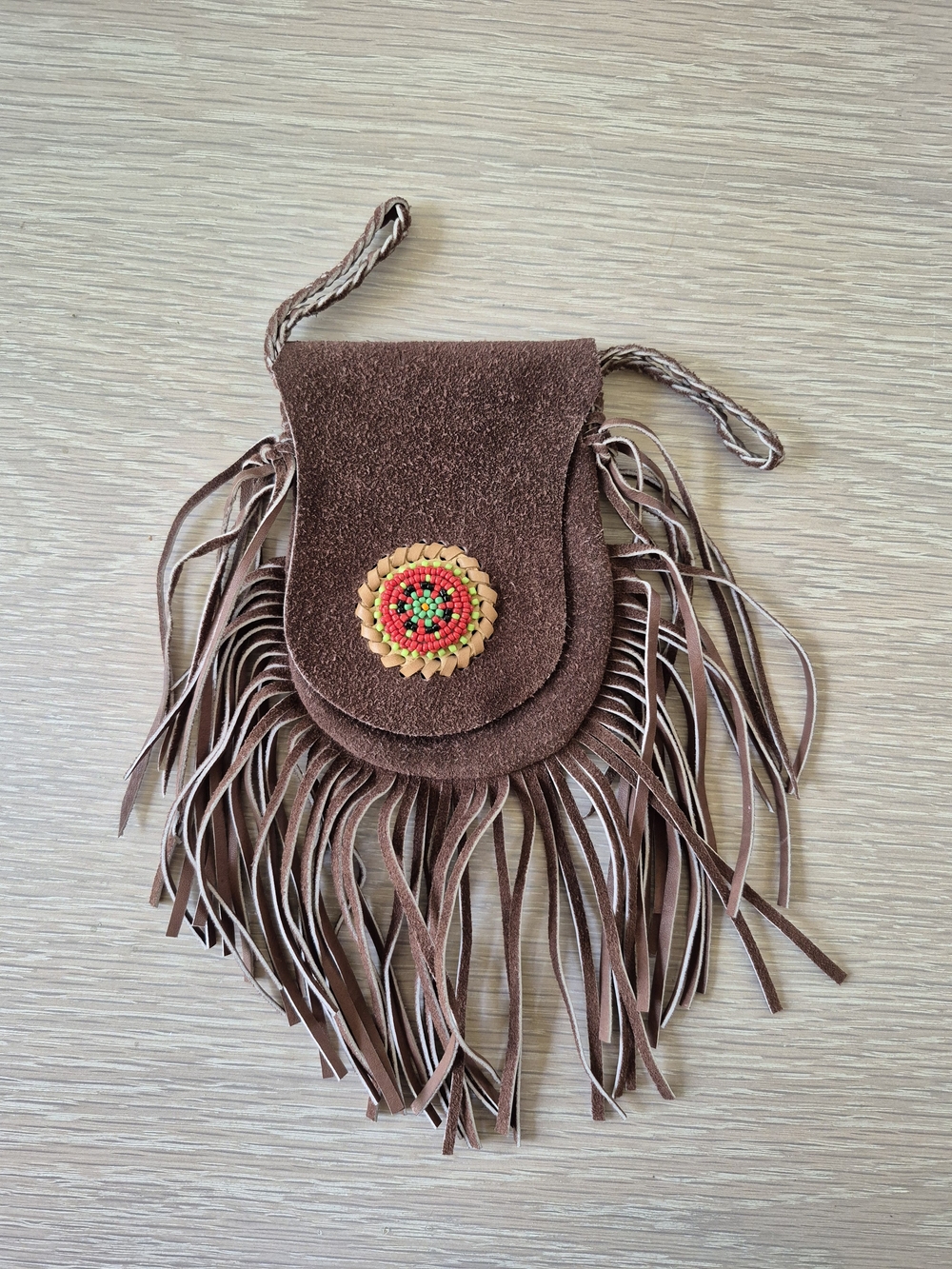 Brown Suede Fringe Belt Pouch with Beaded Accent